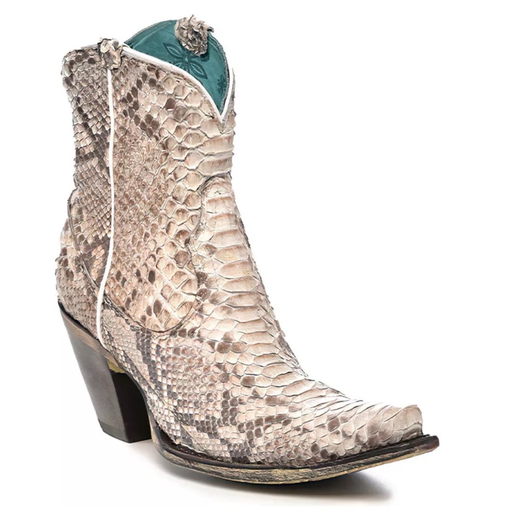 Corral Beige Python Embossed Leather Cowboy Bootie with Teal Liner